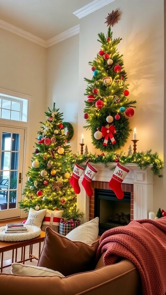 A cozy living room decorated for Christmas with a tree, stockings, and festive decor.